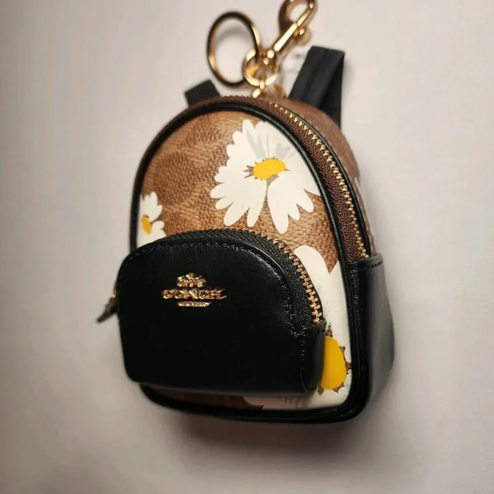 NWT Coach CZ602 Mini Court Backpack CHARM KEY FOB Signature FLORAL KHAKI
